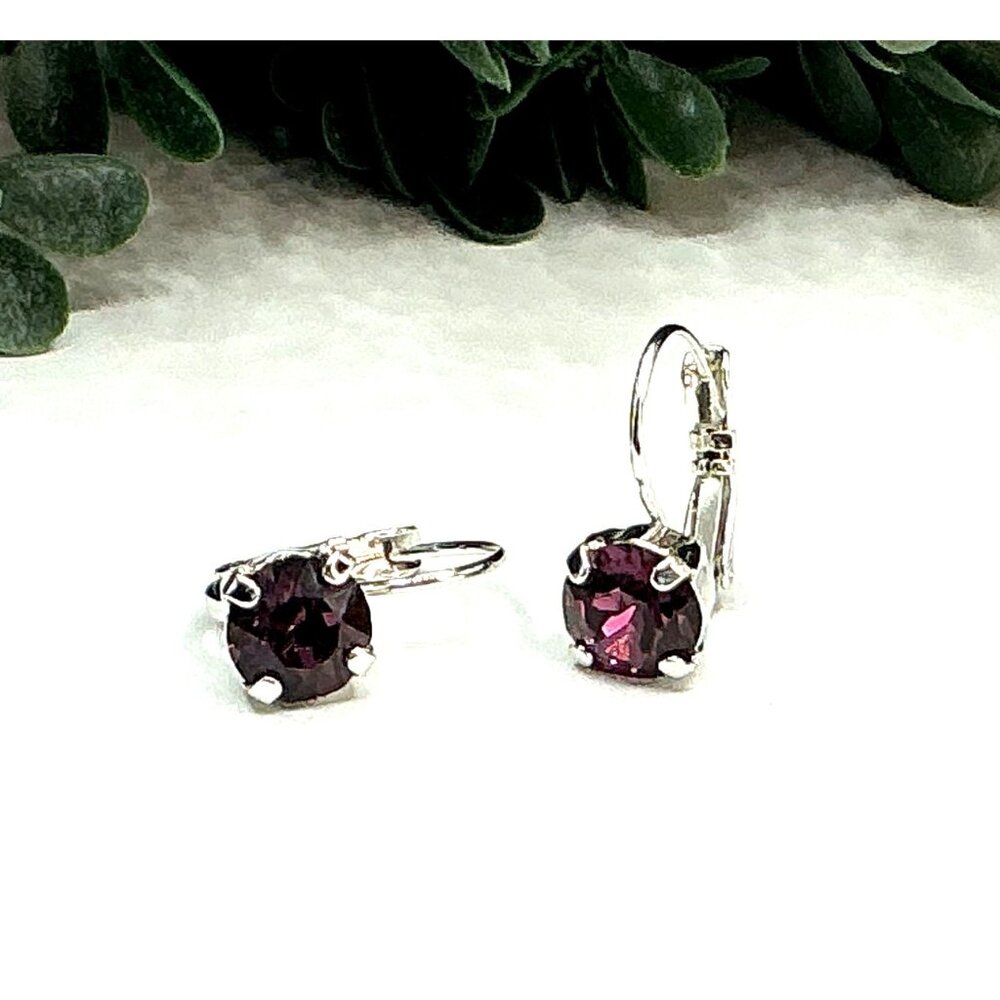 Silver-Tone  Leverback Earrings With Purple Gemstone Round Cut